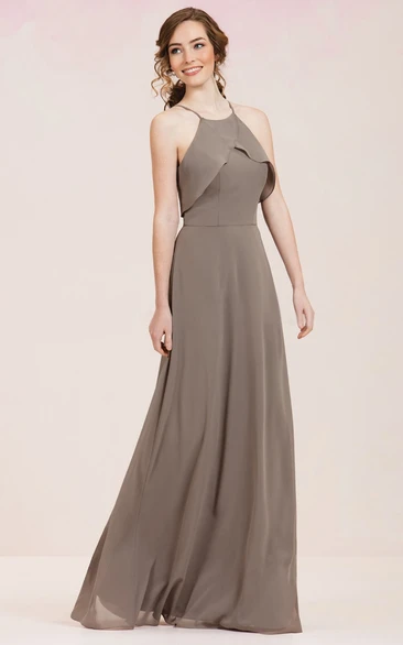 High-Neck Sleeveless Floor-Length Bridesmaid Dress with Ruffles Ruffled High-Neck Bridesmaid Dress