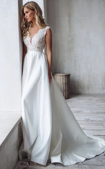 Simple A-Line Satin Lace Wedding Dress Sleeveless Low-V Back Ruffles