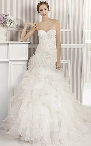 A-Line Organza Wedding Dress with Cascading Ruffles and Beading