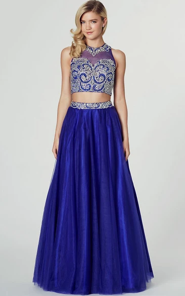 Maxi High Neck Sleeveless Beaded Tulle Prom Dress A-Line