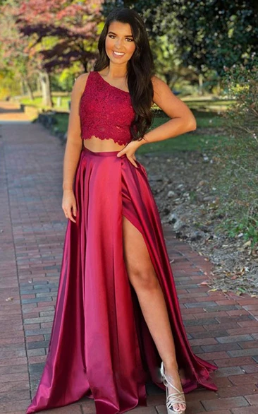 Satin One-shoulder Prom Dress with Lace and Split Front