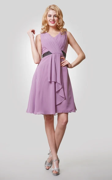 V-Neck Sleeveless Chiffon Dress With Pleats and Draping Knee Length