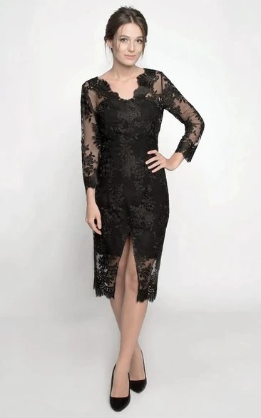 Lace 3/4 Sleeve Knee-length Pencil Cocktail Dress with Split Front Sexy & Classy