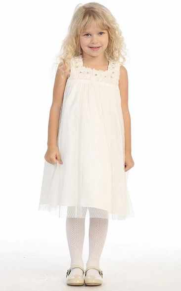 Empire Square Beaded Satin Flower Girl Dress