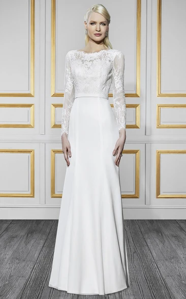 Chiffon Appliqued Long-Sleeve Bateau Wedding Dress with V Back and Sweep Train