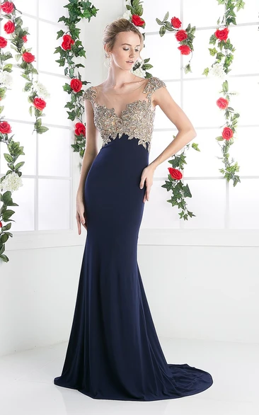 Short Sleeve Beaded Sheath Jersey Prom Dress with Scoop Neck