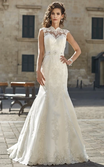 High-Neck Mermaid Lace Wedding Dress Sleeveless Floor-Length with Waist Jewellery