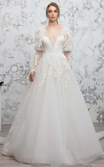 Plunging Neckline Tulle Ball Gown Wedding Dress with Appliques Elegant & Classy