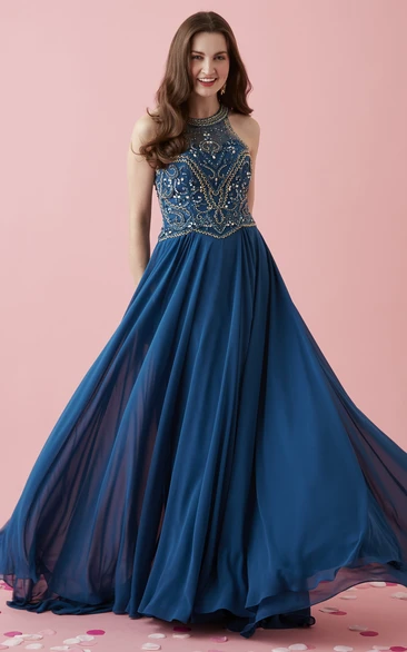 Chiffon Straps Prom Dress with Beading and Pleats A-Line Scoop-Neck