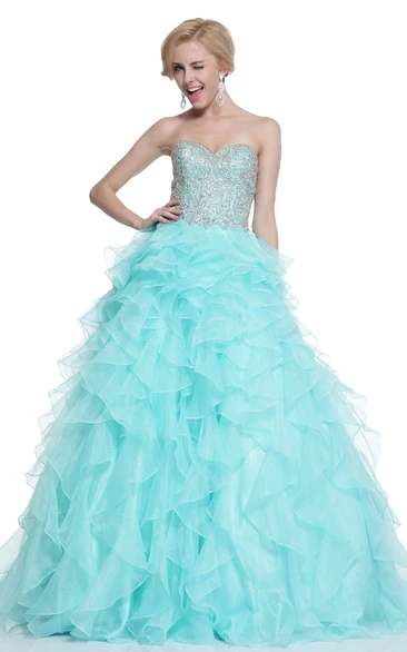 Sweetheart Organza Ball Gown Formal Dress with Cascading Ruffles and Beading