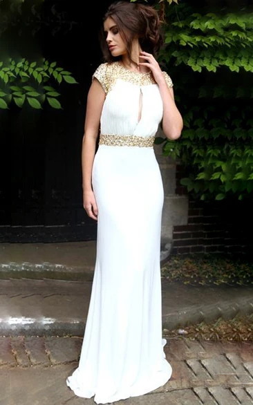 Scoop Neck Beaded Cap Sleeve Chiffon Prom Dress Classy Evening Dress for Women