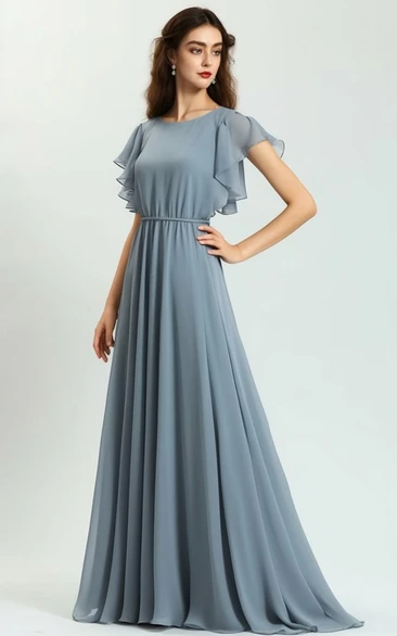 Bohemian A-Line Chiffon Bridesmaid Dress with Short Sleeves and Floor-length in 2024