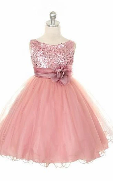 Floral Sequins&Satin Flower Girl Dress Tea-Length with Sash