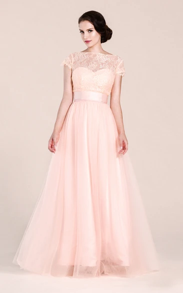 A-line Tulle Bridesmaid Dress with Cap Sleeves and Ribbon Belt