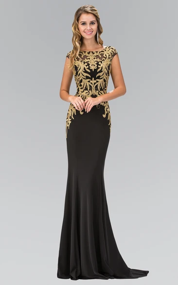 Beaded Cap-Sleeve Sheath Formal Dress with Jersey Illusion and Pleats