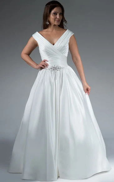 Crystal Cap Sleeve V Neck Taffeta Wedding Dress Ball Gown