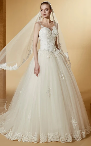 Applique Ball Gown with Illusive Jewel-Neck and Cap Sleeves Elegant and Chic