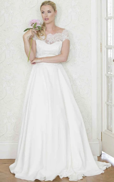 Satin Cap-Sleeve Wedding Dress with Bateau-Neck Lace and Illusion Details