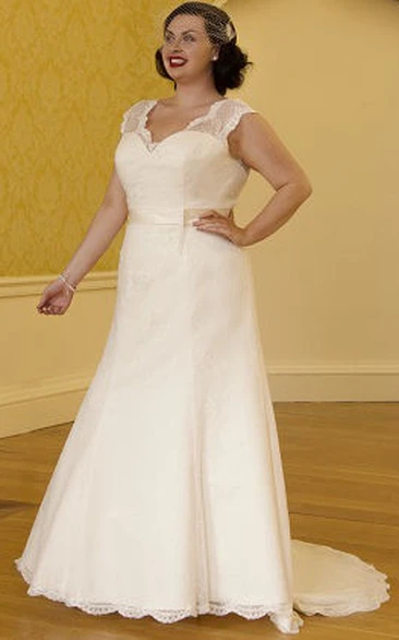 Scalloped V-Neck Lace Bridal Gown with Cap Sleeves and Satin Sash