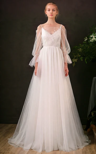 Sexy Spaghetti Straps A-Line Tulle Garden Wedding Dress with Illusion Long Sleeve