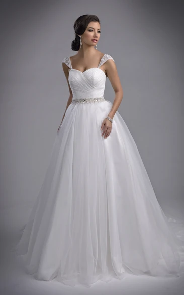 Beaded Shoulder Ruched Crisscross Bodice Tulle A-Line Wedding Dress