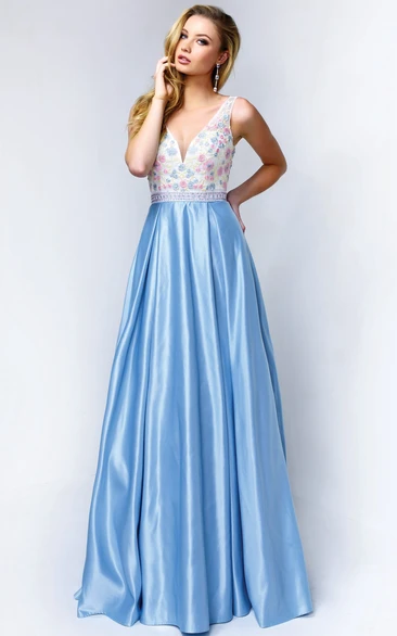 Sleeveless Satin A-Line Formal Dress with V-Neck and Appliques