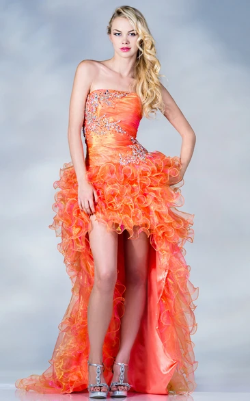 High-Low Strapless Organza Dress with Ruching and Beading