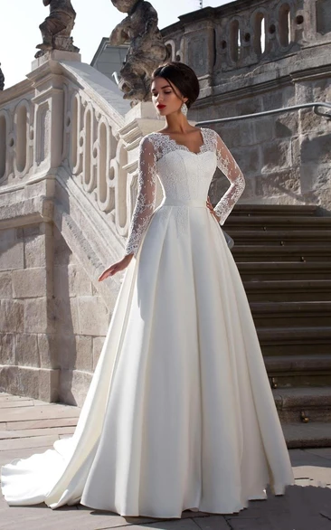 Satin V-neck A-line Wedding Dress with Lace Back and Long Sleeves