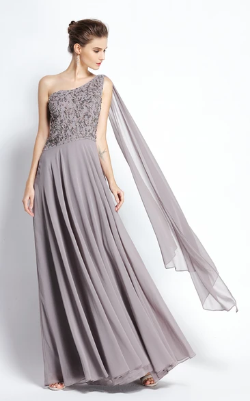 One-shoulder Chiffon Prom Dress with Beading and Draping Floor-length A-Line