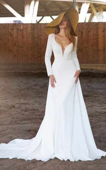Satin A-line Wedding Dress with Plunging Neckline and Brush Train Ethereal Wedding Dress