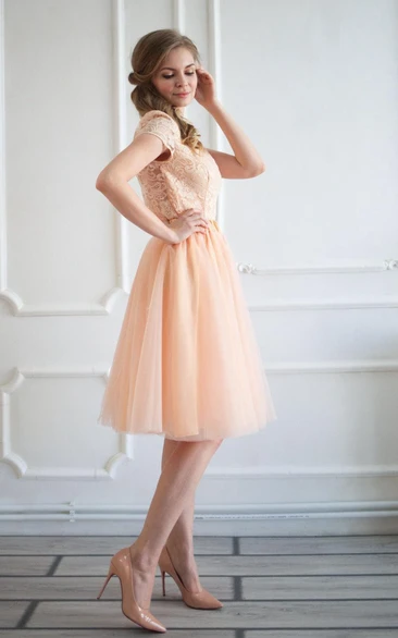 A-line Tulle Short Dress with Lace Top and Cap Sleeves for Formals