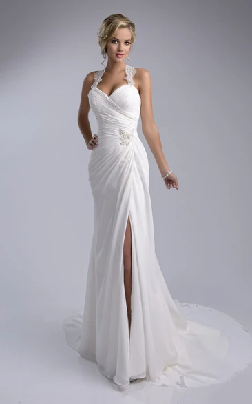 Ruched Sheath Chiffon Wedding Dress with Halter Flowy Bridal Gown