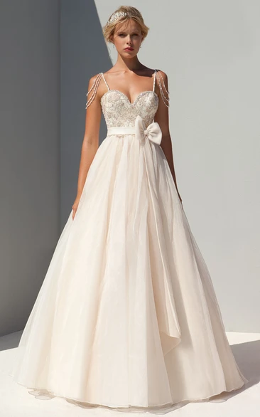 Spaghetti Sleeveless Tulle Beaded Maxi Wedding Dress With Bow A-Line