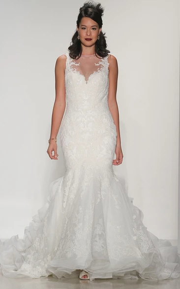 Sleeveless Jewel Lace Mermaid Wedding Dress with Illusion Back Floor-Length Appliqued Dress