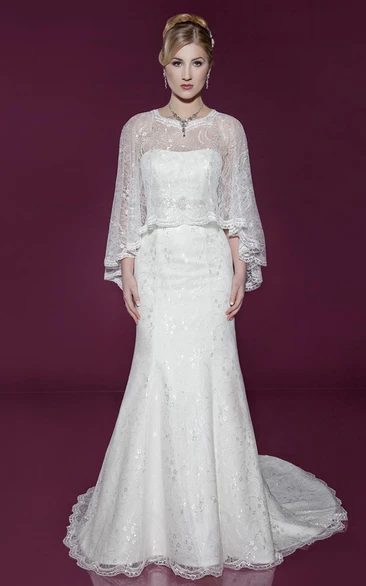 Satin Wedding Dress with Cape Poet-Sleeve and Scoop Neck Design