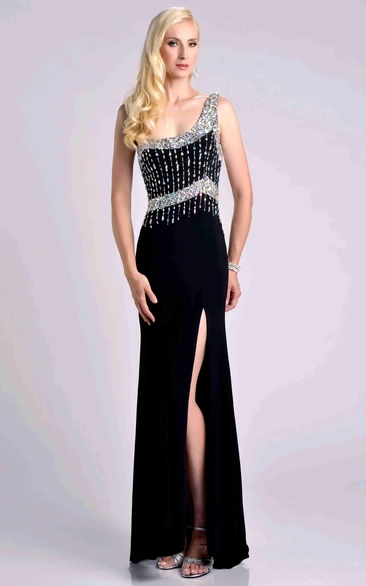 Crystal One-Shoulder Jersey Sheath Prom Dress with Side Slit and Embellished Top