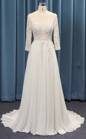 A-line Lace Top Wedding Dress with 3/4 Sleeves and Chiffon Ruching