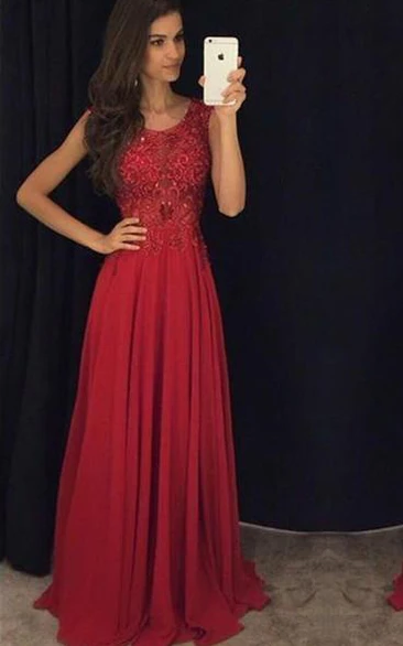 Red Lace Appliques Chiffon Evening Dress Fit and Flare Sleeveless Style