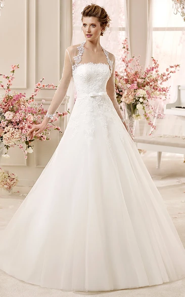 Queen-Anna Neck A-line Wedding Dress with Illusive Design Royal and Unique