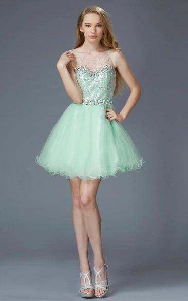 Sequined Tulle Prom Dress with Illusion Scoop-Neck A-Line
