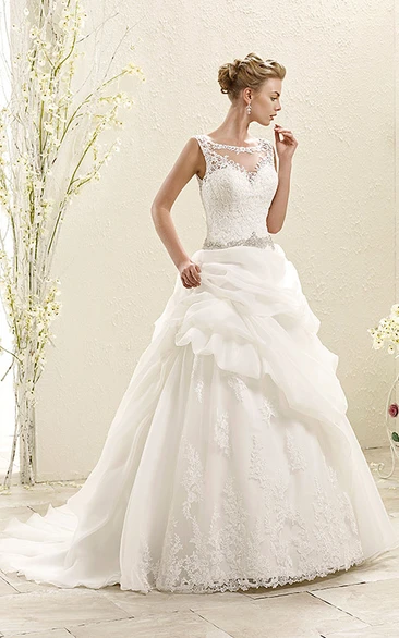 Lace and Organza Pick-Up Wedding Dress with Appliques A-Line Style