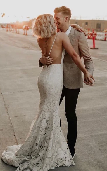 Lace Mermaid Beach Wedding Dress with Spaghetti Straps and Train Casual Beach Wedding Dress with Lace and Mermaid Silhouette