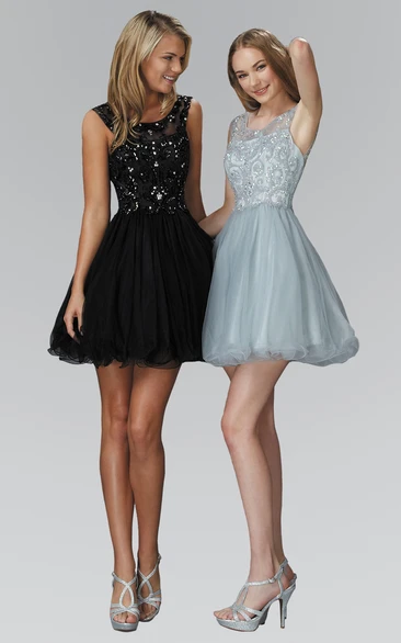 Tulle Satin Beaded A-Line Short Dress with Bateau Neckline and Sequins