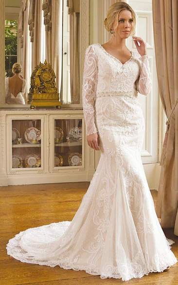 Long-Sleeve V-Neck Beaded Lace Trumpet Wedding Dress with Embroidery Unique Bridal Gown