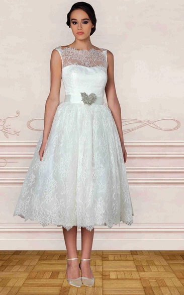 Bateau Tea-Length Wedding Dress with Jeweled Lace Ribbon and Illusion