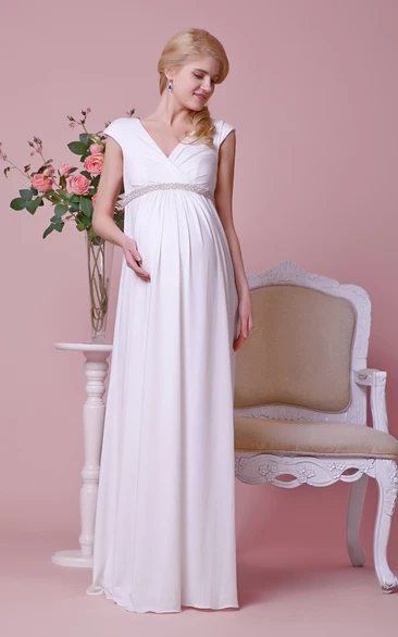 Maternity Wedding Dress with V-neck Cap-sleeves and Beading Details