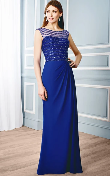 Sheath Chiffon Bateau Formal Dress with Cap Sleeves Beading and Illusion Back