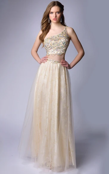 Two-Piece A-Line Tulle Homecoming Dress with Corset Rhinestones Unique Prom Dress