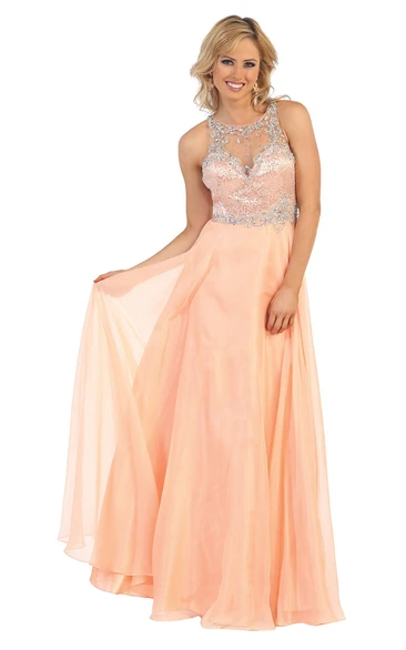 Sleeveless Illusion Bridesmaid Dress with Scoop-Neck Sequins and Beading