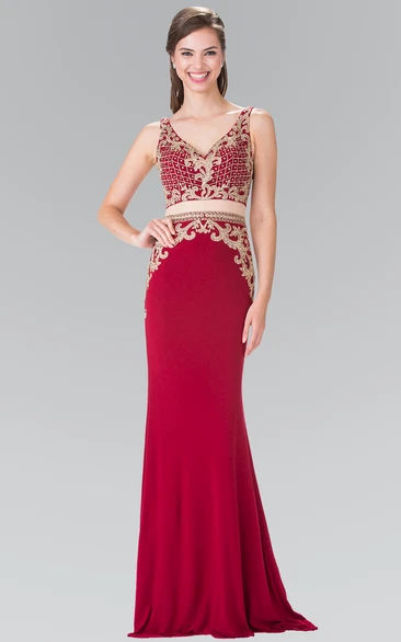 Sleeveless Two-Piece Sheath Jersey Dress with Appliques and Beading Classy Bridesmaid Dress